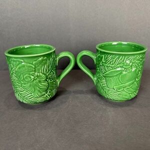 Set of 2 Green Embossed Majolica Christmas Mugs w Santa, Train-Possibly Vietri